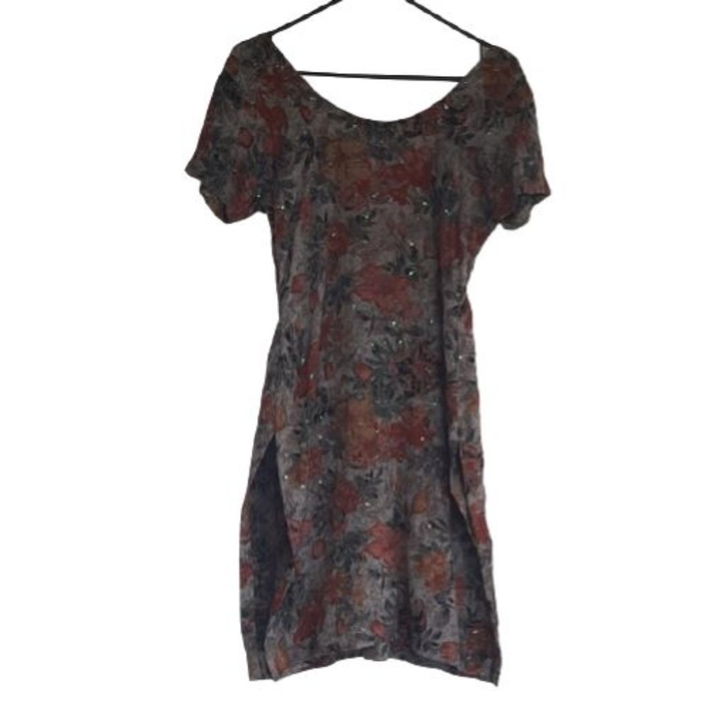 Handmade 90s Sequin Dress Size S Floral Short Sleeve Brown